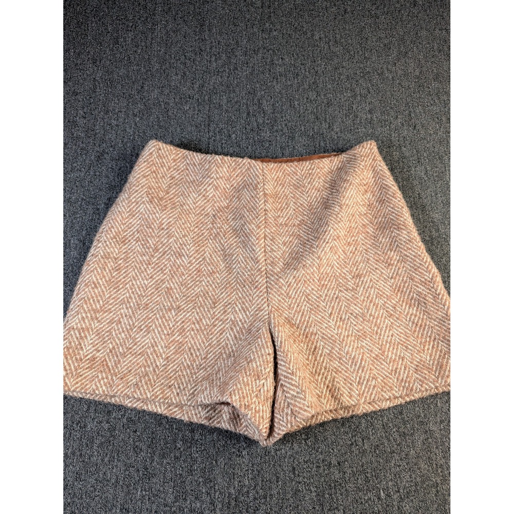 Skies Are Blue Tan Herringbone Wool Blend Shorts High Waist Side Zip Size M NEW